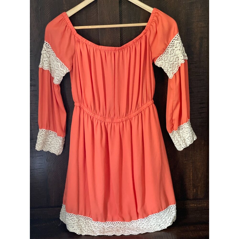 Entro Coral Off Shoulder M | Boho Lace Trim | Cottagecore Summer Festival Dress